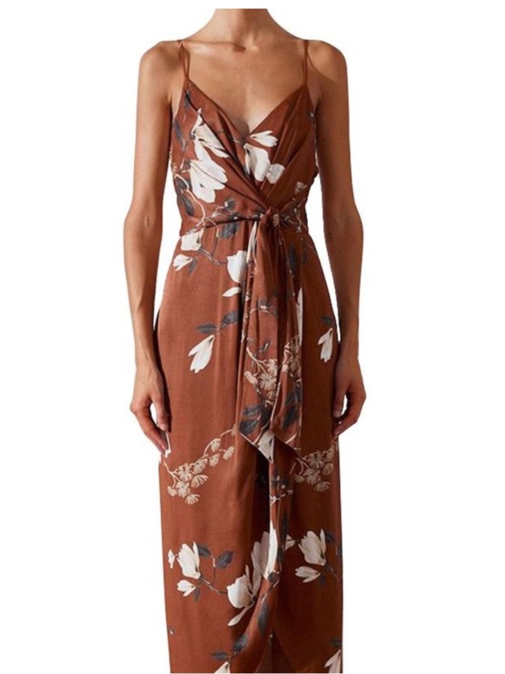 Shona Joy Rust Brown Floral Wrap Summer Midi Dress. Size 2.